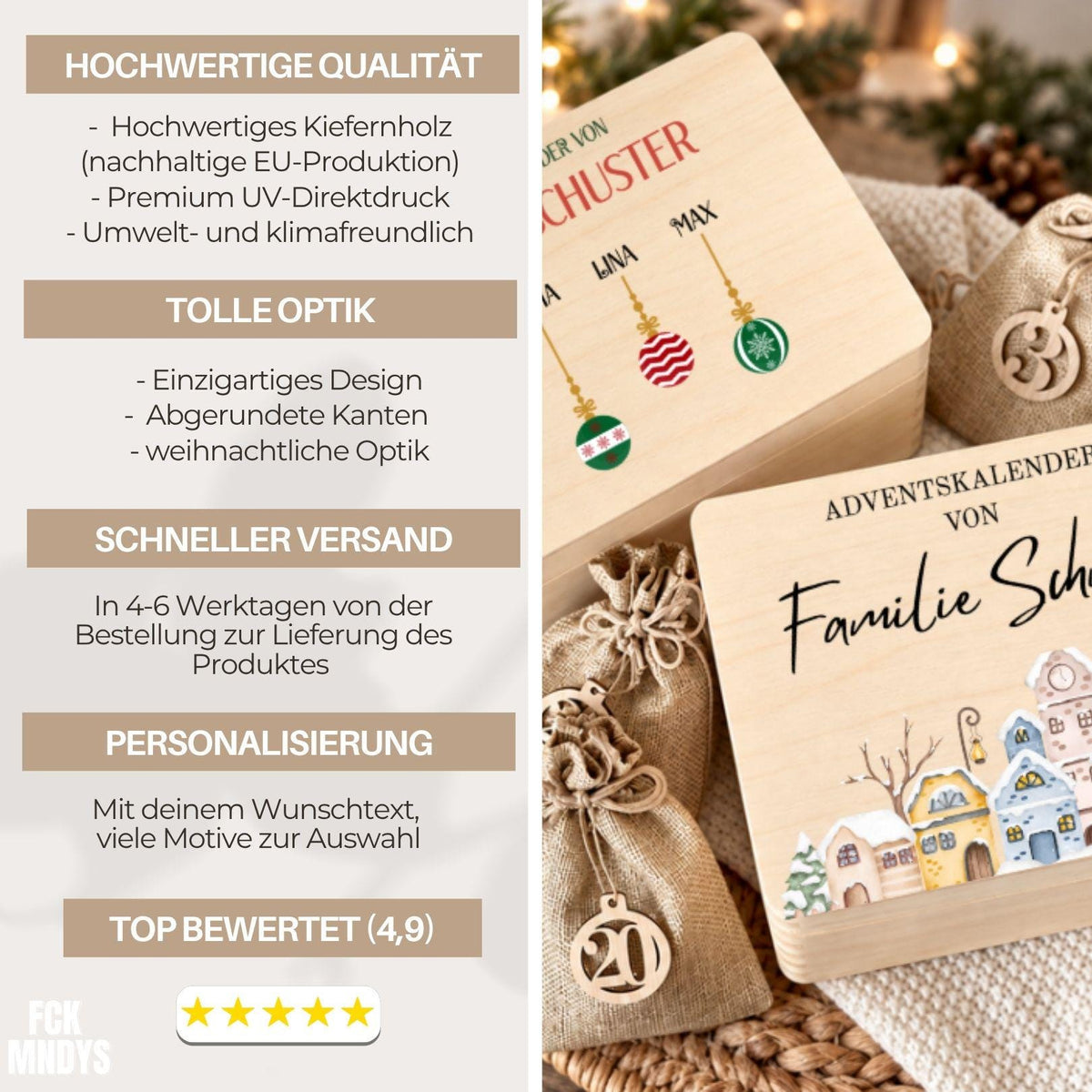 Personalisierter Adventskalender mit Namen für Familien | Holzbox zum Befüllen 24 Säckchen mit Holzzahlen, Geschenk Wunschtext Kinder Eltern