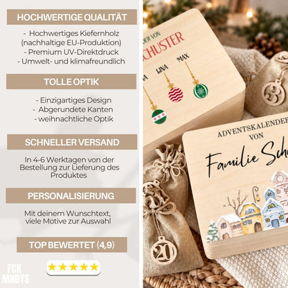 Personalisierter Adventskalender mit Namen für Familien | Holzbox zum Befüllen 24 Säckchen mit Holzzahlen, Geschenk Wunschtext Kinder Eltern