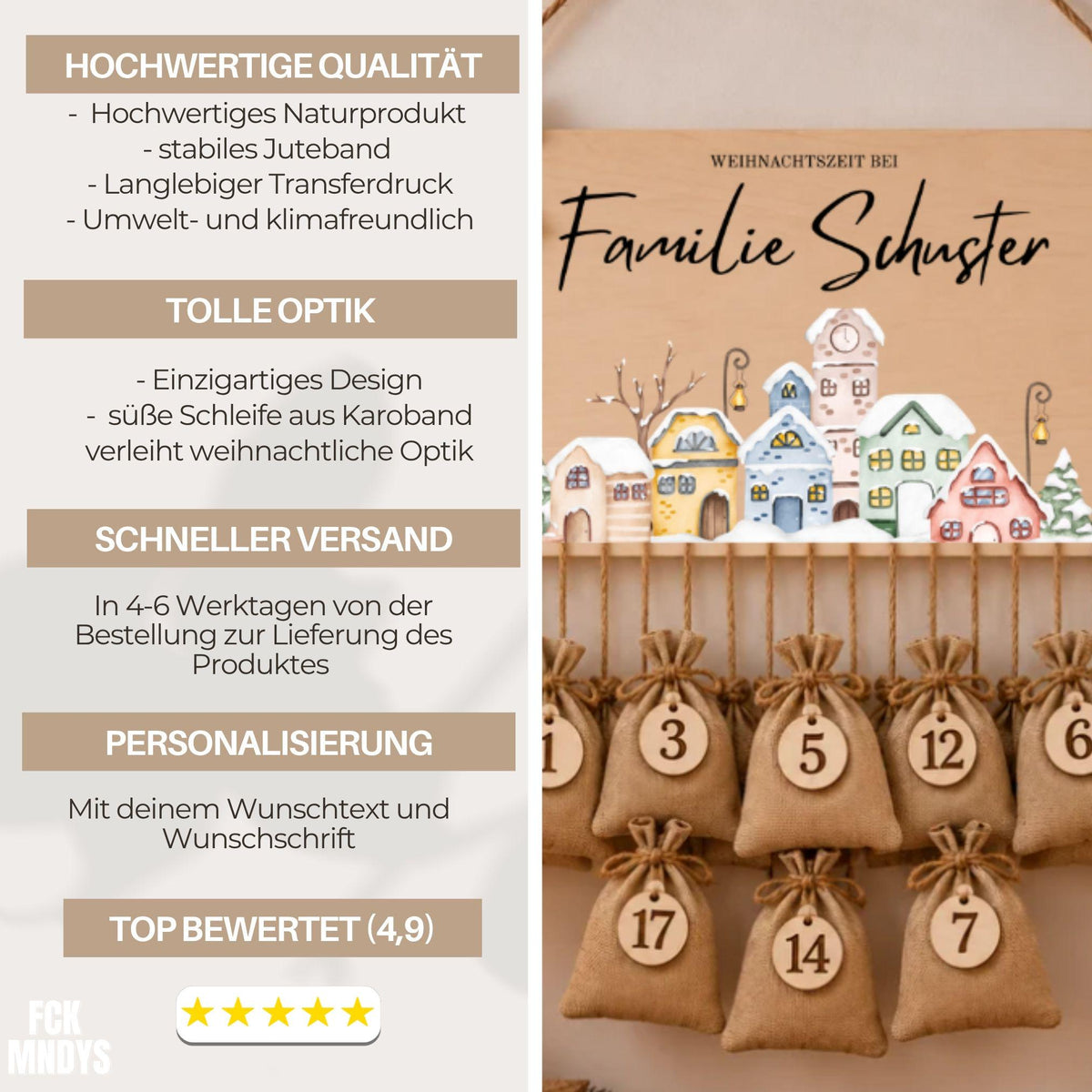 Personalisierter Adventskalender mit Namen zum Befüllen für Familien, Kalender Weihnachtsmotive für Eltern Mädchen Jungen Kinder Advent