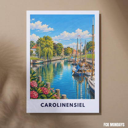 Carolinensiel Poster Nordsee | Historischer Hafen Segelbooten Harle | Maritimes Wandbild | Deutschland Reise Poster | Küsten Illustration