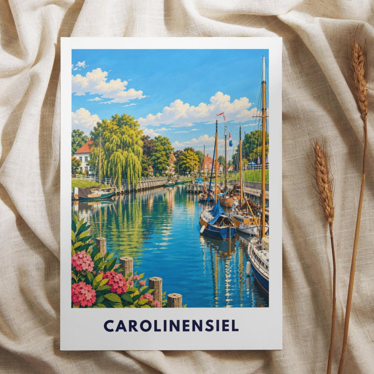Carolinensiel Poster Nordsee | Historischer Hafen Segelbooten Harle | Maritimes Wandbild | Deutschland Reise Poster | Küsten Illustration