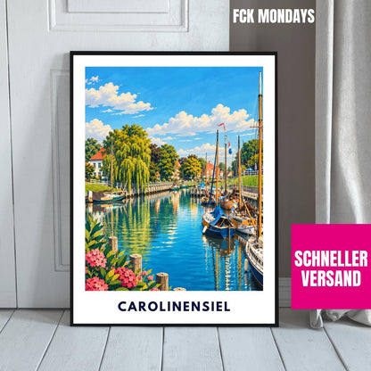 Carolinensiel Poster Nordsee | Historischer Hafen Segelbooten Harle | Maritimes Wandbild | Deutschland Reise Poster | Küsten Illustration
