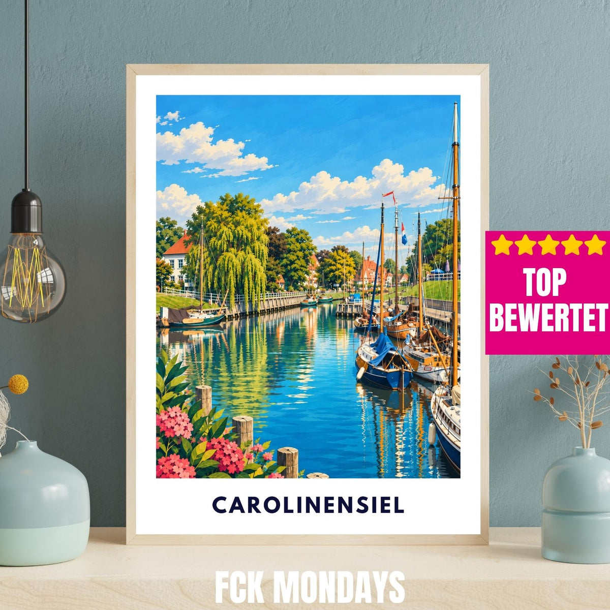 Carolinensiel Poster Nordsee | Historischer Hafen Segelbooten Harle | Maritimes Wandbild | Deutschland Reise Poster | Küsten Illustration