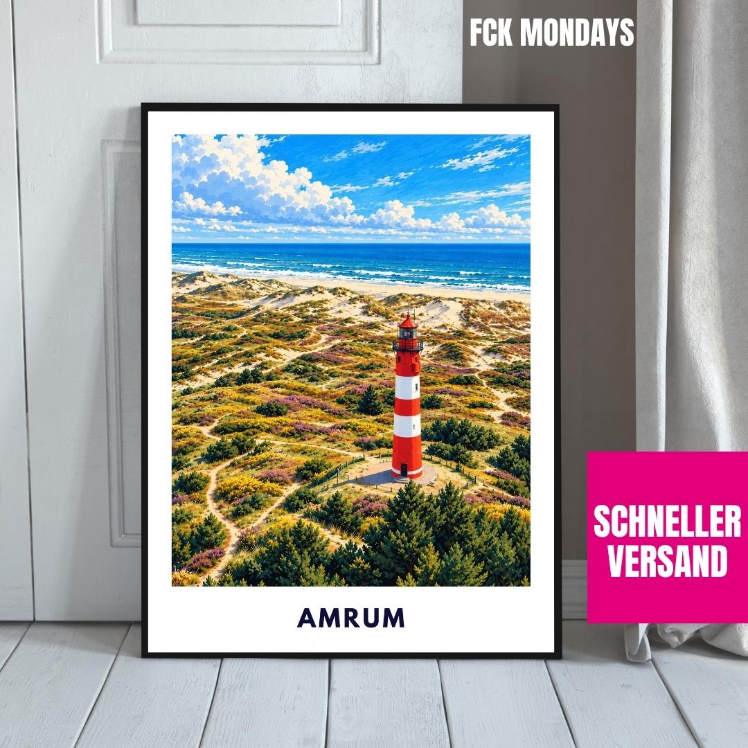 Amrum Poster Illustration | Amrumer Leuchtturm, Kniepsand & Nordsee-Dünen | Nordfriesland Insel Wandbild | Maritime Küstendeko