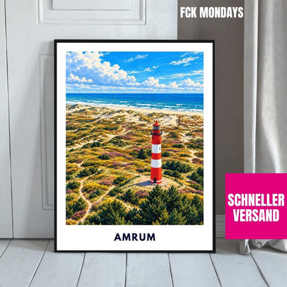 Amrum Poster Illustration | Amrumer Leuchtturm, Kniepsand & Nordsee-Dünen | Nordfriesland Insel Wandbild | Maritime Küstendeko