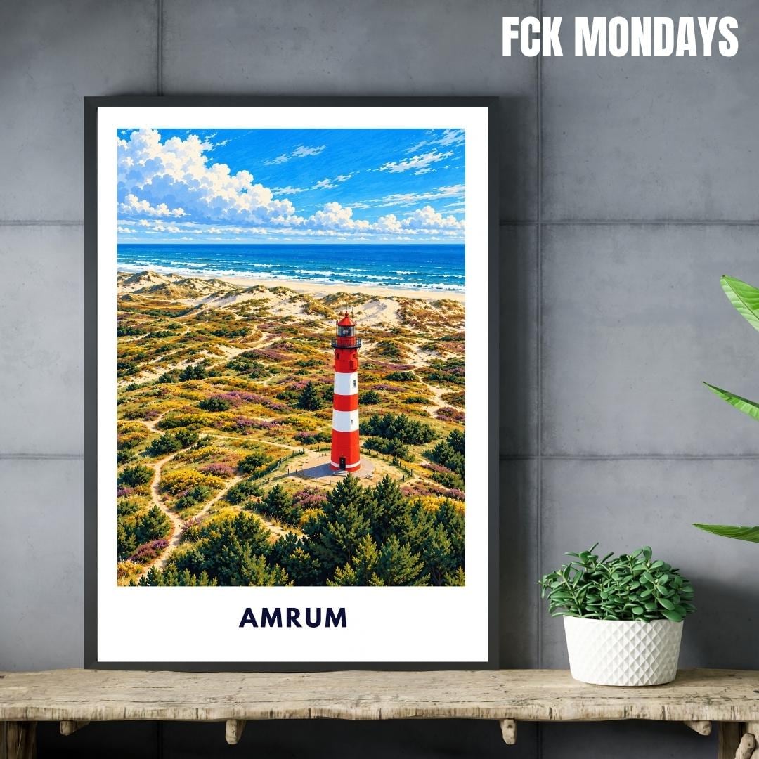 Amrum Poster Illustration | Amrumer Leuchtturm, Kniepsand & Nordsee-Dünen | Nordfriesland Insel Wandbild | Maritime Küstendeko
