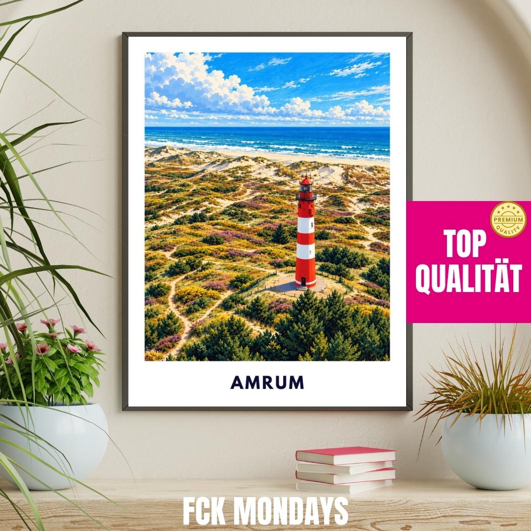 Amrum Poster Illustration | Amrumer Leuchtturm, Kniepsand & Nordsee-Dünen | Nordfriesland Insel Wandbild | Maritime Küstendeko