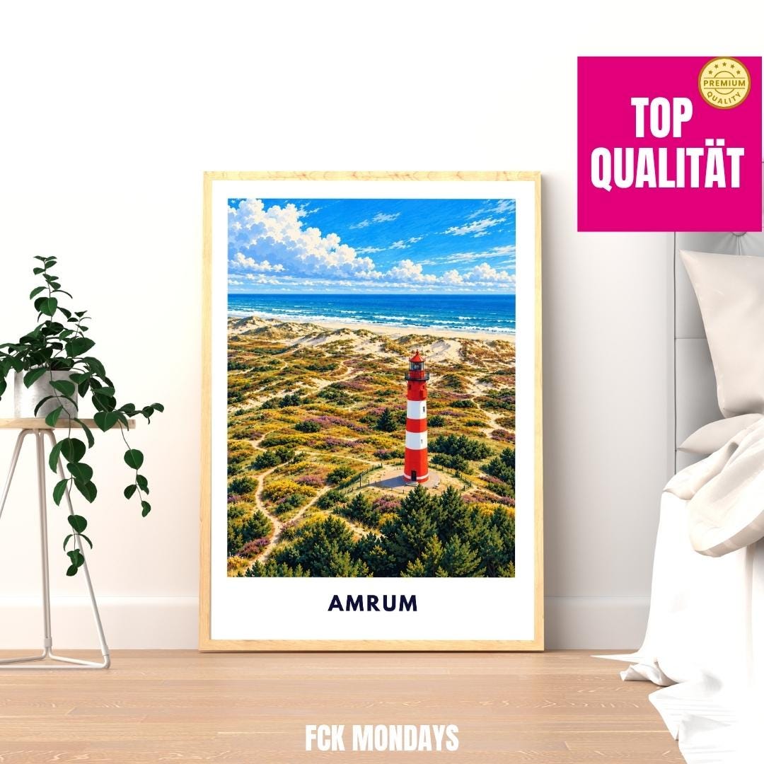 Amrum Poster Illustration | Amrumer Leuchtturm, Kniepsand & Nordsee-Dünen | Nordfriesland Insel Wandbild | Maritime Küstendeko