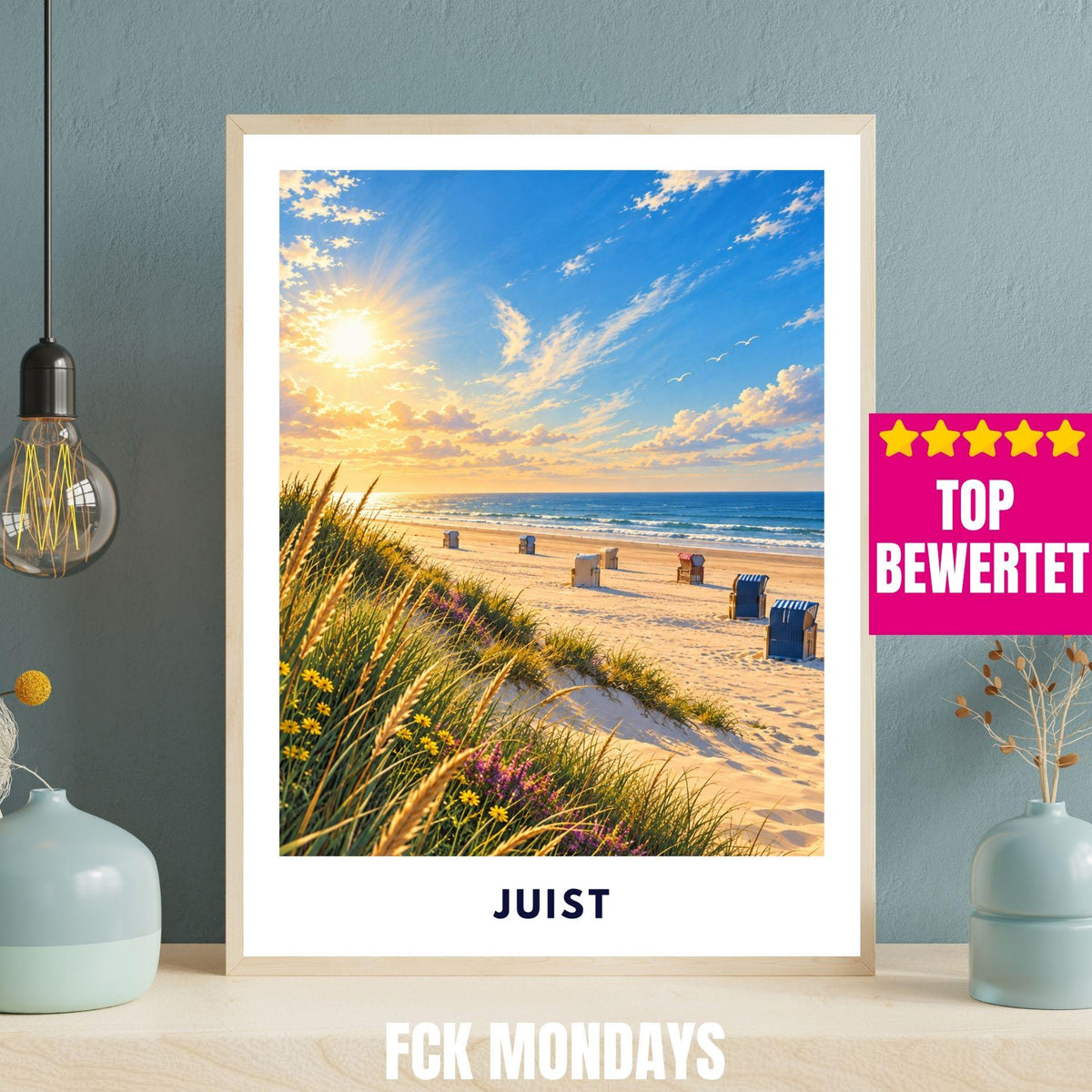 Juist Strand Poster Illustration | Nordsee Strand & Dünen mit Strandkörben | Ostfriesische Insel Wandbild | Sonnenuntergang Küstendeko