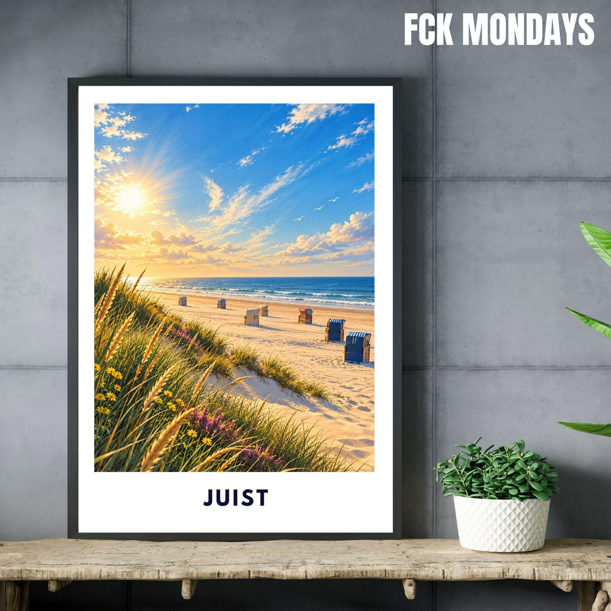 Juist Strand Poster Illustration | Nordsee Strand & Dünen mit Strandkörben | Ostfriesische Insel Wandbild | Sonnenuntergang Küstendeko