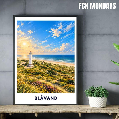 Blåvand Poster Illustration | Blåvandshuk Fyr Leuchtturm & Nordsee Strand | Dänemark Westküste Wandbild | Dünen Küstendeko Meer Urlaub
