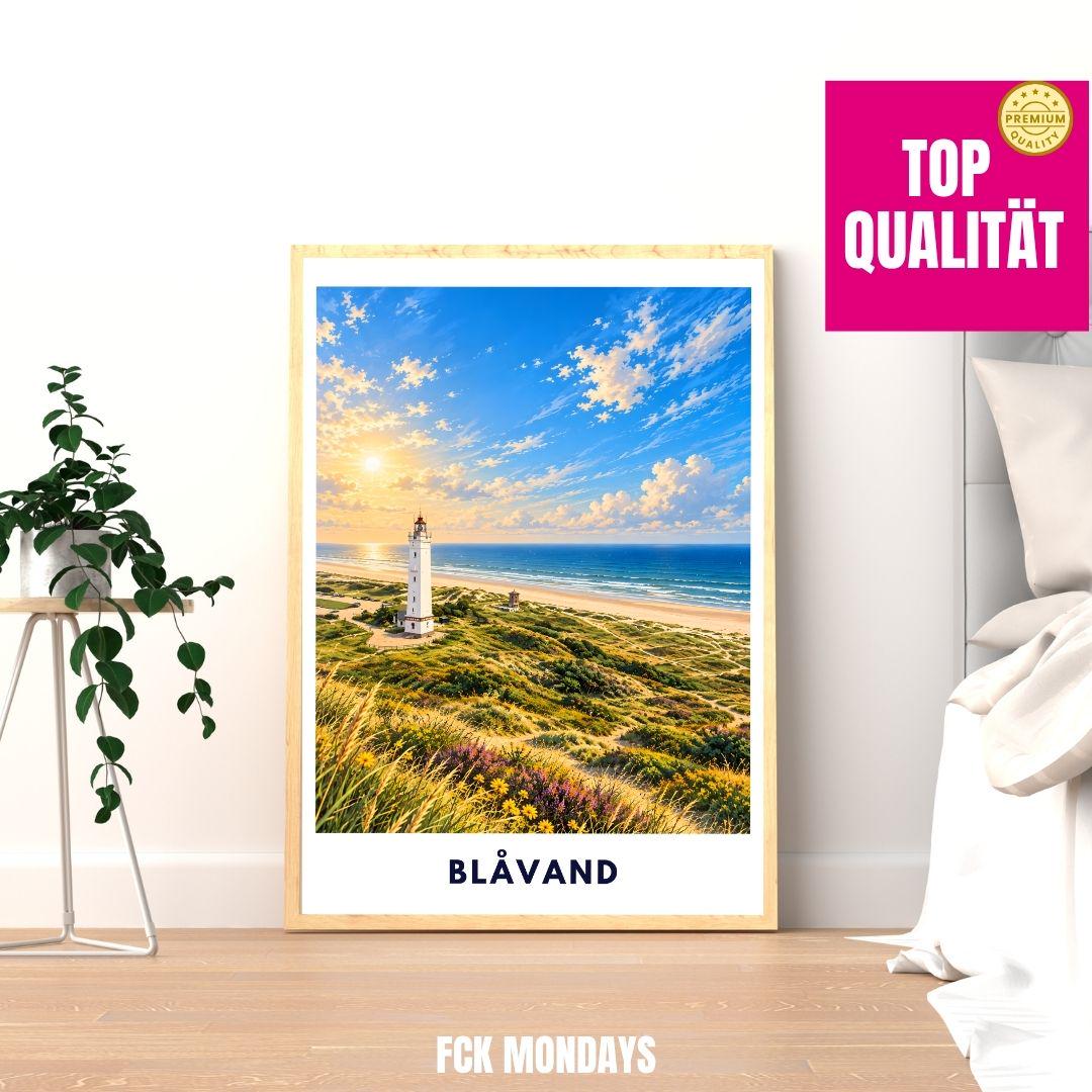 Blåvand Poster Illustration | Blåvandshuk Fyr Leuchtturm & Nordsee Strand | Dänemark Westküste Wandbild | Dünen Küstendeko Meer Urlaub