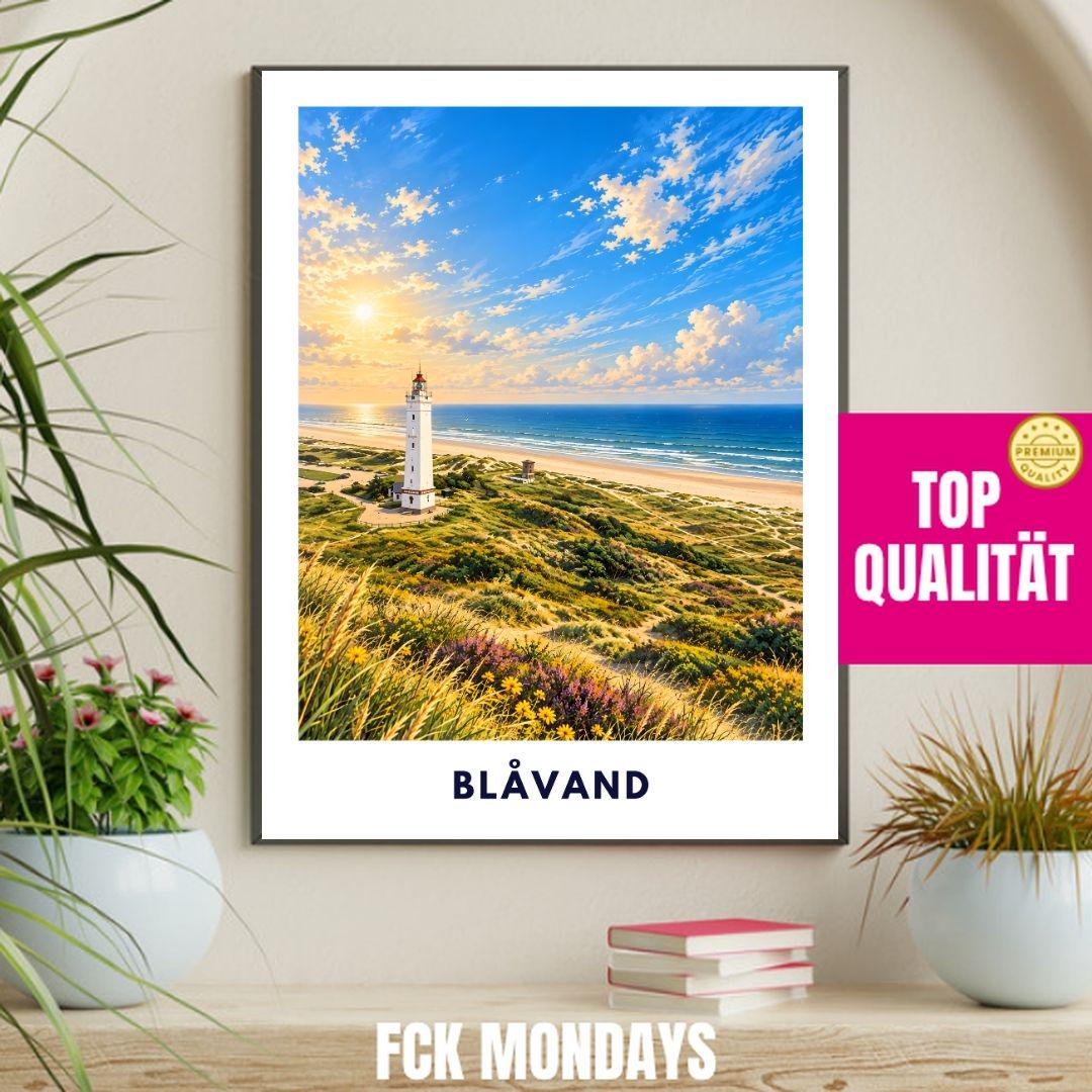 Blåvand Poster Illustration | Blåvandshuk Fyr Leuchtturm & Nordsee Strand | Dänemark Westküste Wandbild | Dünen Küstendeko Meer Urlaub