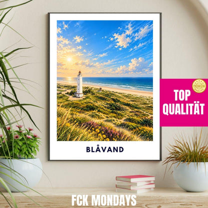 Blåvand Poster Illustration | Blåvandshuk Fyr Leuchtturm & Nordsee Strand | Dänemark Westküste Wandbild | Dünen Küstendeko Meer Urlaub