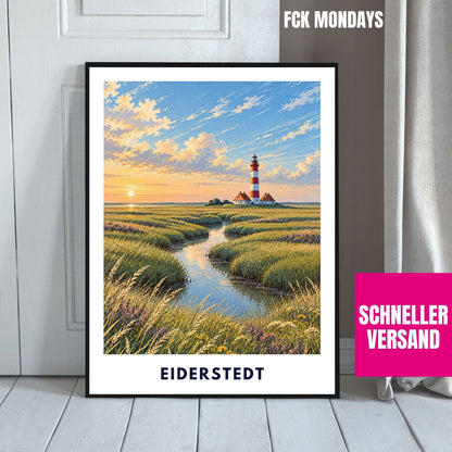 Eiderstedt Poster St. Peter-Ording | Westerhever Leuchtturm Illustration | Nordsee Wandbild | Nordfriesland Küstendeko Strand Meer Print