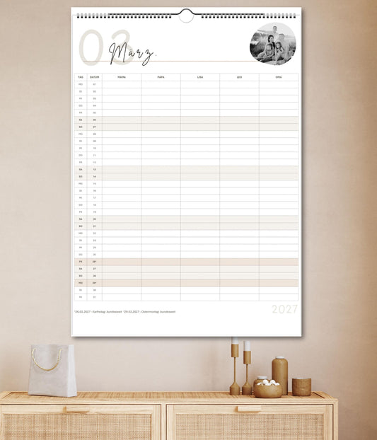 Familienplaner 2026 - 2027 personalisierbar | Familienkalender mit Foto | A3 Wandkalender 3-4-5 Spalten | Startmonat wählbar minimalistisch