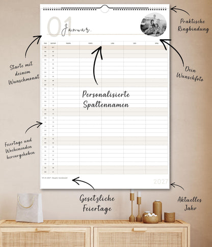 Familienplaner 2026 - 2027 personalisierbar | Familienkalender mit Foto | A3 Wandkalender 3-4-5 Spalten | Startmonat wählbar minimalistisch