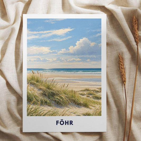 Föhr Poster Nordsee | Inselstrand Illustration mit Dünen & Meer | Nordfriesland Wandbild | Wyk Nieblum Utersum Küstendeko Kunstdruck