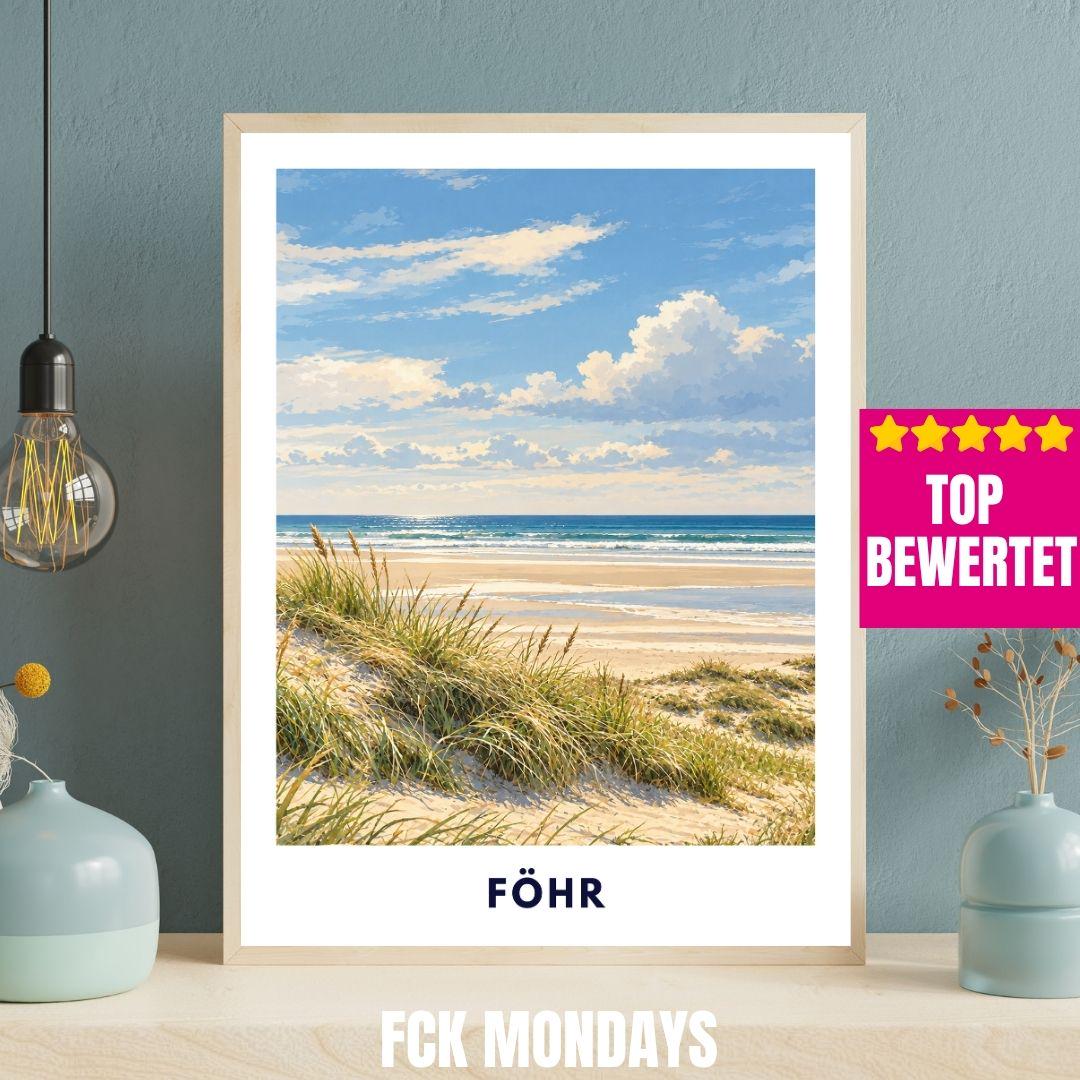 Föhr Poster Nordsee | Inselstrand Illustration mit Dünen & Meer | Nordfriesland Wandbild | Wyk Nieblum Utersum Küstendeko Kunstdruck