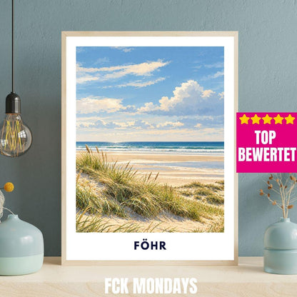 Föhr Poster Nordsee | Inselstrand Illustration mit Dünen & Meer | Nordfriesland Wandbild | Wyk Nieblum Utersum Küstendeko Kunstdruck