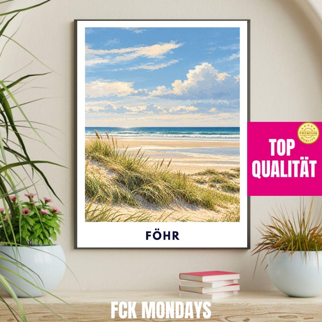 Föhr Poster Nordsee | Inselstrand Illustration mit Dünen & Meer | Nordfriesland Wandbild | Wyk Nieblum Utersum Küstendeko Kunstdruck