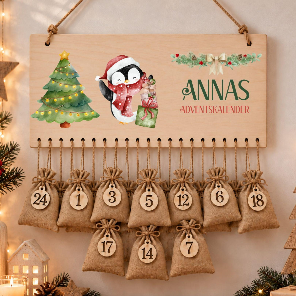 Personalisierter Adventskalender mit Namen aus Holz | 24 Säckchen zum Befüllen | Kinderadventskalender Jutesäckchen Aufhängen Mädchen Jungen
