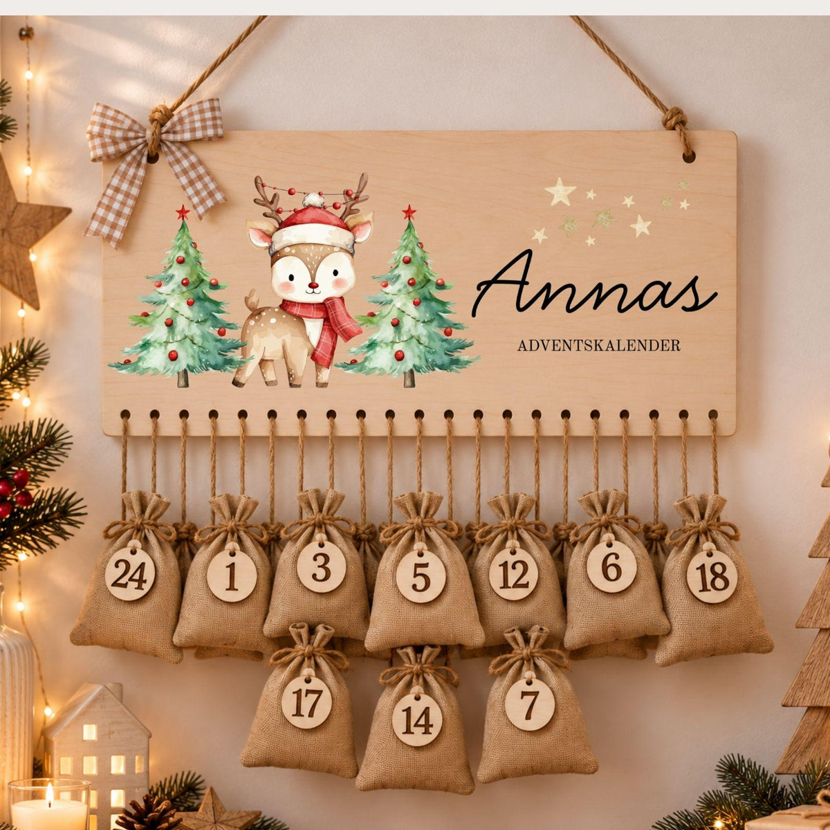 Personalisierter Adventskalender mit Namen aus Holz | 24 Säckchen zum Befüllen | Kinderadventskalender Jutesäckchen Aufhängen Mädchen Jungen