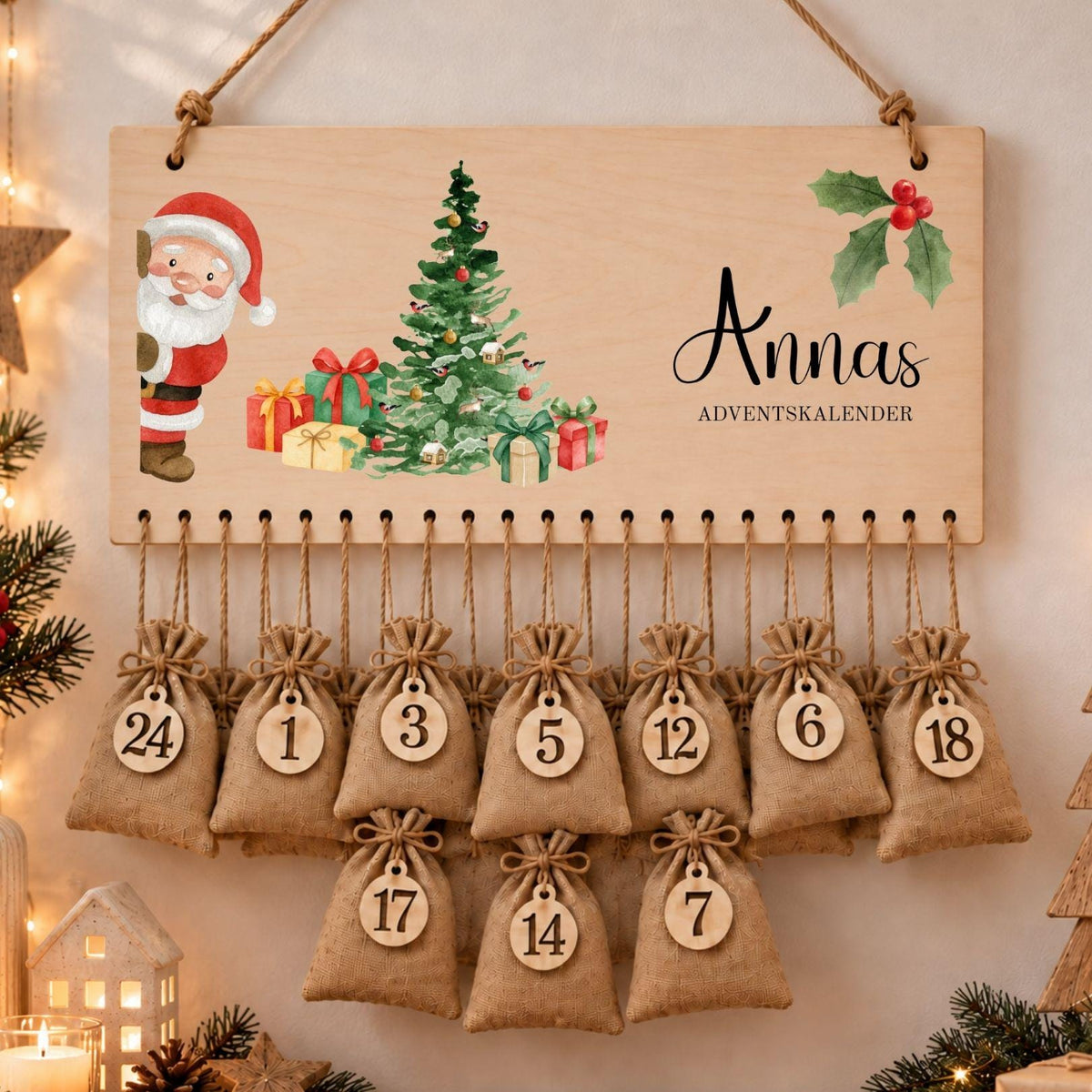 Personalisierter Adventskalender mit Namen aus Holz | 24 Säckchen zum Befüllen | Kinderadventskalender Jutesäckchen Aufhängen Mädchen Jungen