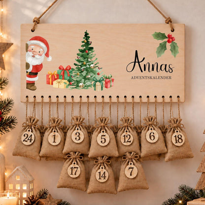 Personalisierter Adventskalender mit Namen aus Holz | 24 Säckchen zum Befüllen | Kinderadventskalender Jutesäckchen Aufhängen Mädchen Jungen
