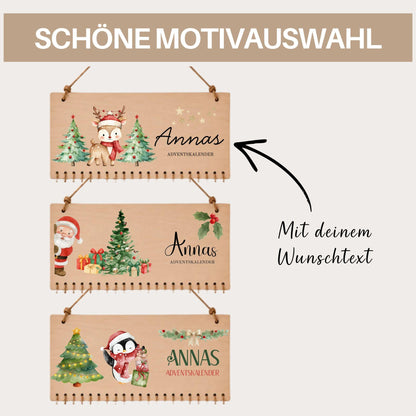Personalisierter Adventskalender mit Namen aus Holz | 24 Säckchen zum Befüllen | Kinderadventskalender Jutesäckchen Aufhängen Mädchen Jungen