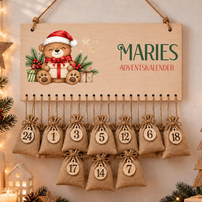 Adventskalender für Kinder | Personalisierbar mit Namen für Weihnachten | Set mit 24 Säckchen zum Befüllen Holz | Weihnachtsmotive Geschenk