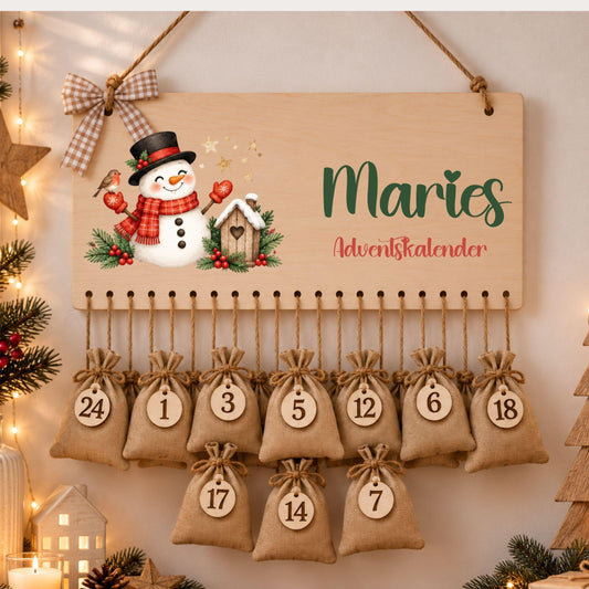 Adventskalender für Kinder | Personalisierbar mit Namen für Weihnachten | Set mit 24 Säckchen zum Befüllen Holz | Weihnachtsmotive Geschenk