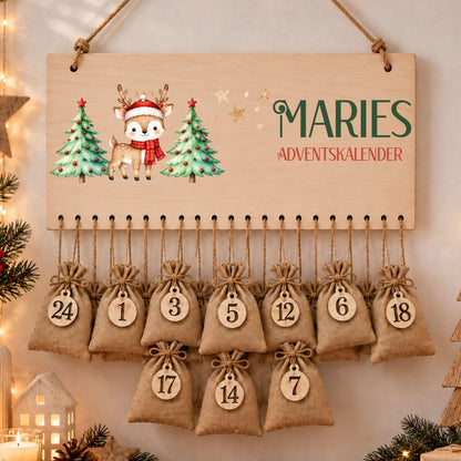 Adventskalender für Kinder | Personalisierbar mit Namen für Weihnachten | Set mit 24 Säckchen zum Befüllen Holz | Weihnachtsmotive Geschenk