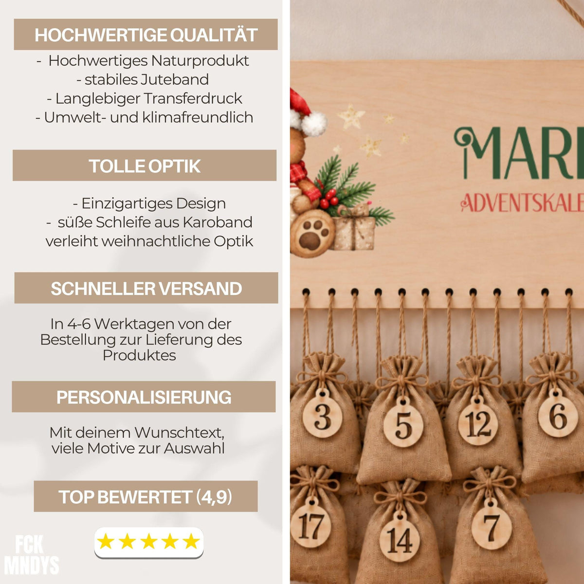 Adventskalender für Kinder | Personalisierbar mit Namen für Weihnachten | Set mit 24 Säckchen zum Befüllen Holz | Weihnachtsmotive Geschenk