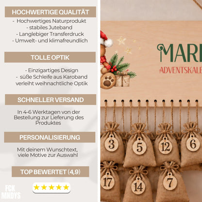 Adventskalender für Kinder | Personalisierbar mit Namen für Weihnachten | Set mit 24 Säckchen zum Befüllen Holz | Weihnachtsmotive Geschenk
