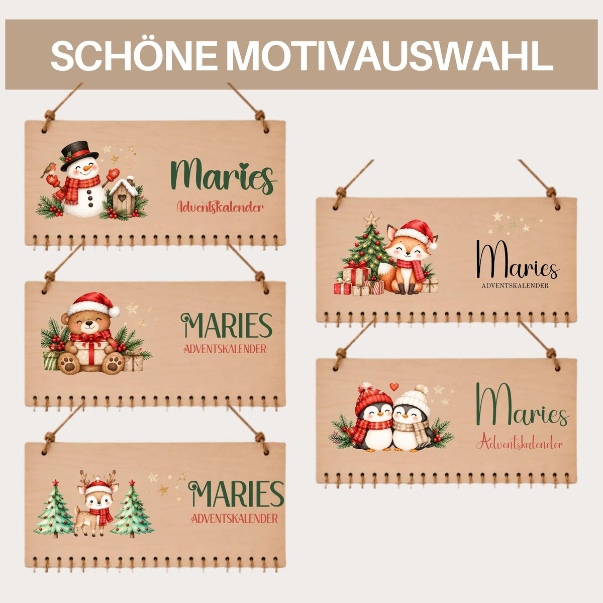 Adventskalender für Kinder | Personalisierbar mit Namen für Weihnachten | Set mit 24 Säckchen zum Befüllen Holz | Weihnachtsmotive Geschenk