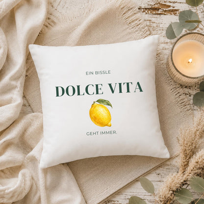Kissen „Ein bissle Dolce Vita geht immer“ | Geschenk Freundin Italien Fans Aquarell Zitrone Sommer Deko Sofa Mediterrane Lebensfreude
