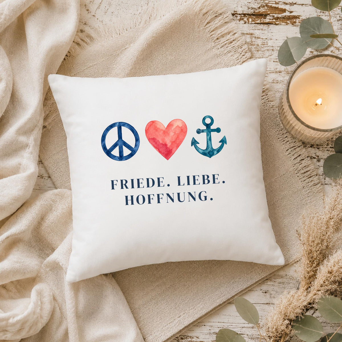 Kissen „Friede. Liebe. Hoffnung.“ | Geschenk Freundin Geburtstag Mutmacher Aquarell Peace Herz Anker Positive Dekoration Sofa Deko