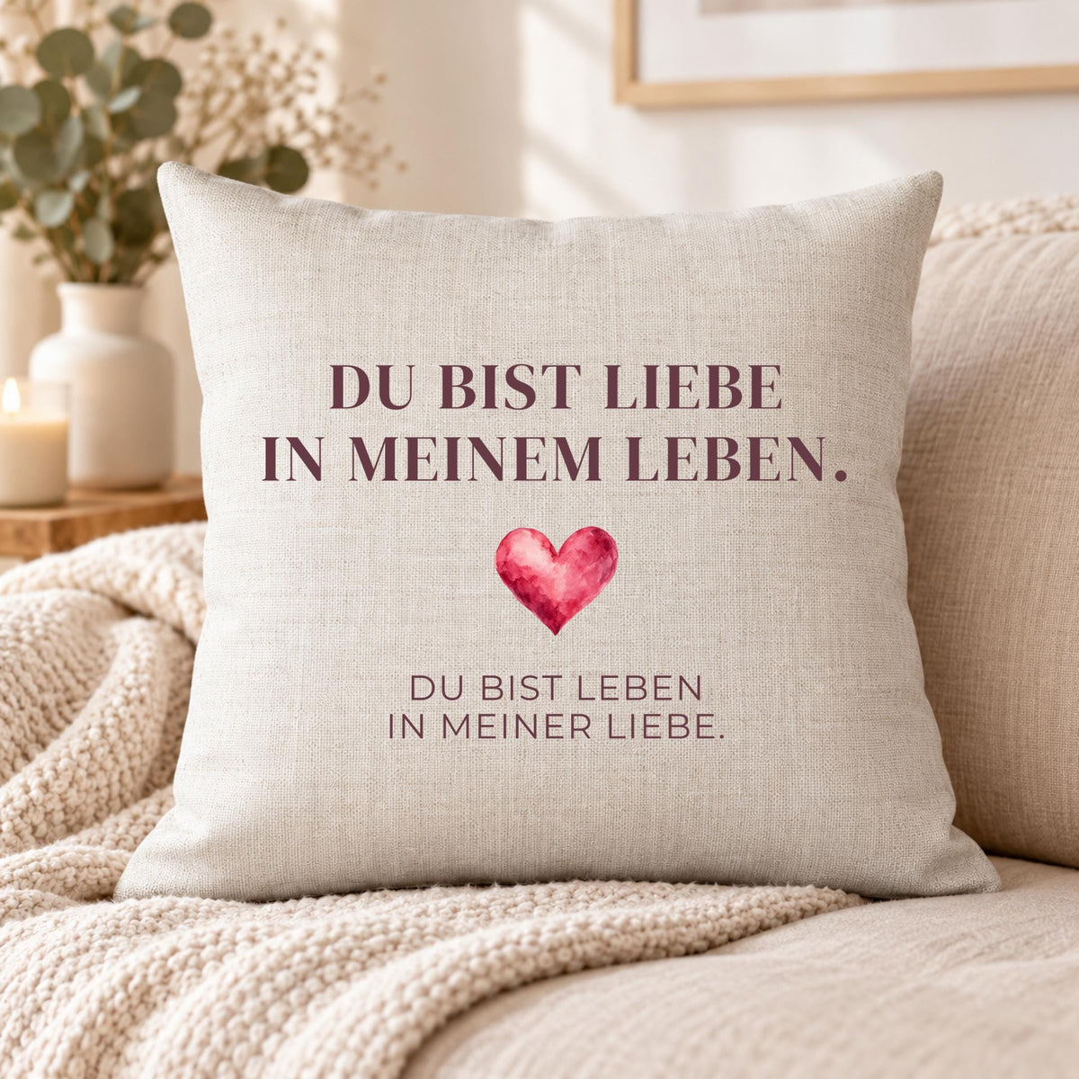 Kissen „Du bist Liebe in meinem Leben. Du bist Leben in meiner Liebe.“ | Geschenk Partner Freundin Jahrestag Valentinstag Aquarell Herz