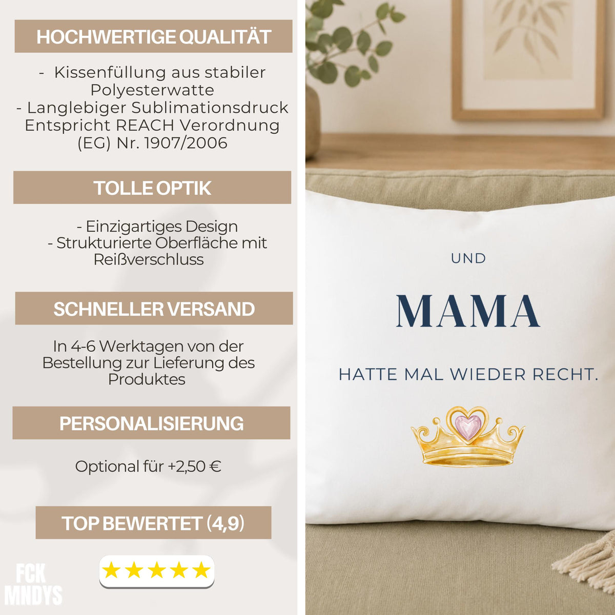 Kissen „Und Mama hatte mal wieder recht“ | Geschenk Mama Muttertag Geburtstag Aquarell Krone Lustige Sofa Deko Humor Wohnaccessoire