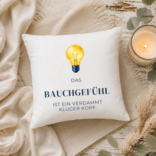 Kissen „Das Bauchgefühl ist ein verdammt kluger Kopf“ | Geschenk Freundin Achtsamkeit Intuition Aquarell Glühbirne Geburtstag Sofa Deko