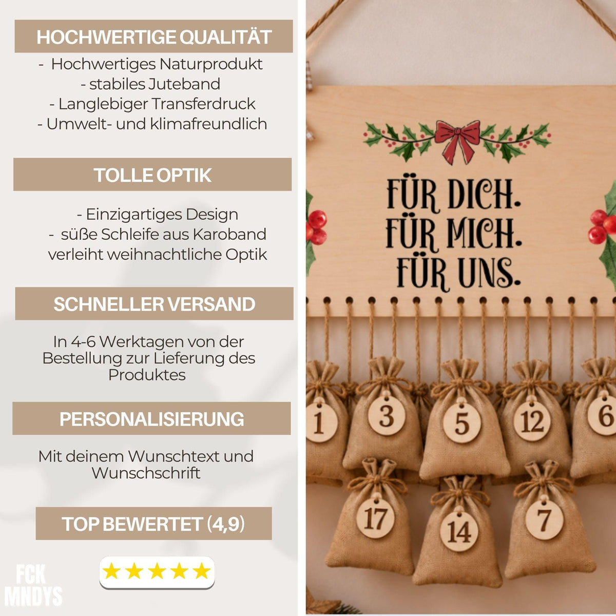 Personalisierter Adventskalender für Paare | Geschenk aus Holz zum Befüllen | Pärchenkalender Weihnachtsgeschenk Adventsdekoration Sie & Ihn