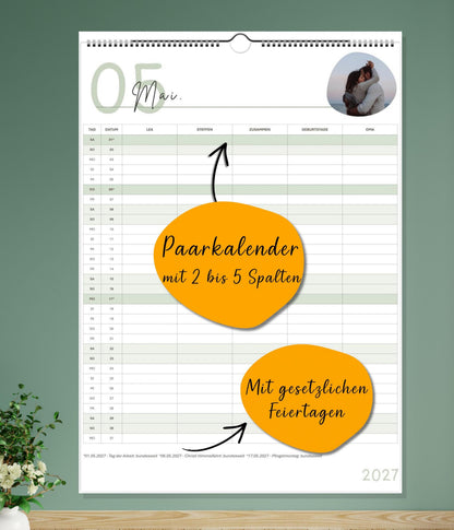 Paarkalender 2026–2027 personalisierbar | Pärchenplaner mit Foto | A3 Wandkalender für Paare | 2-3-4-5 Spalten | Startmonat wählbar mit Foto
