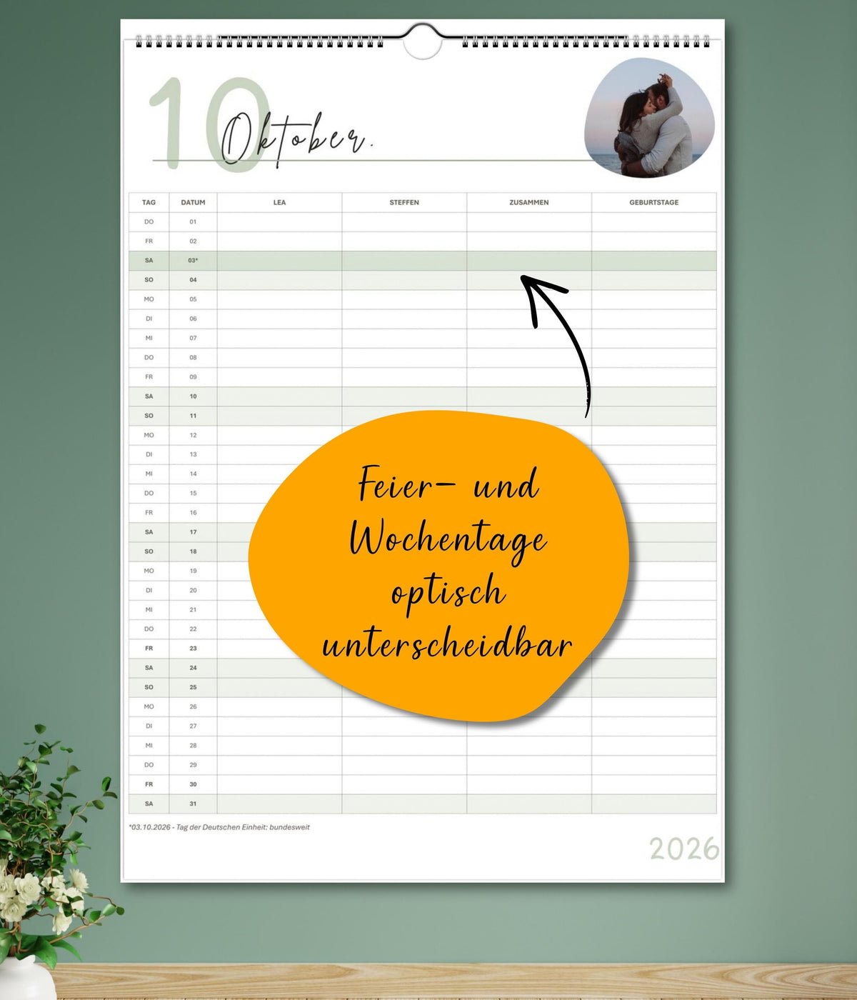 Paarkalender 2026–2027 personalisierbar | Pärchenplaner mit Foto | A3 Wandkalender für Paare | 2-3-4-5 Spalten | Startmonat wählbar mit Foto