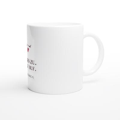 Augen zu Herz auf und durch Tasse | Mutmacher Geschenk | Positive Spruch Tasse | Geschenk für Freundin | Herz Becher Tee Büro Kollegen