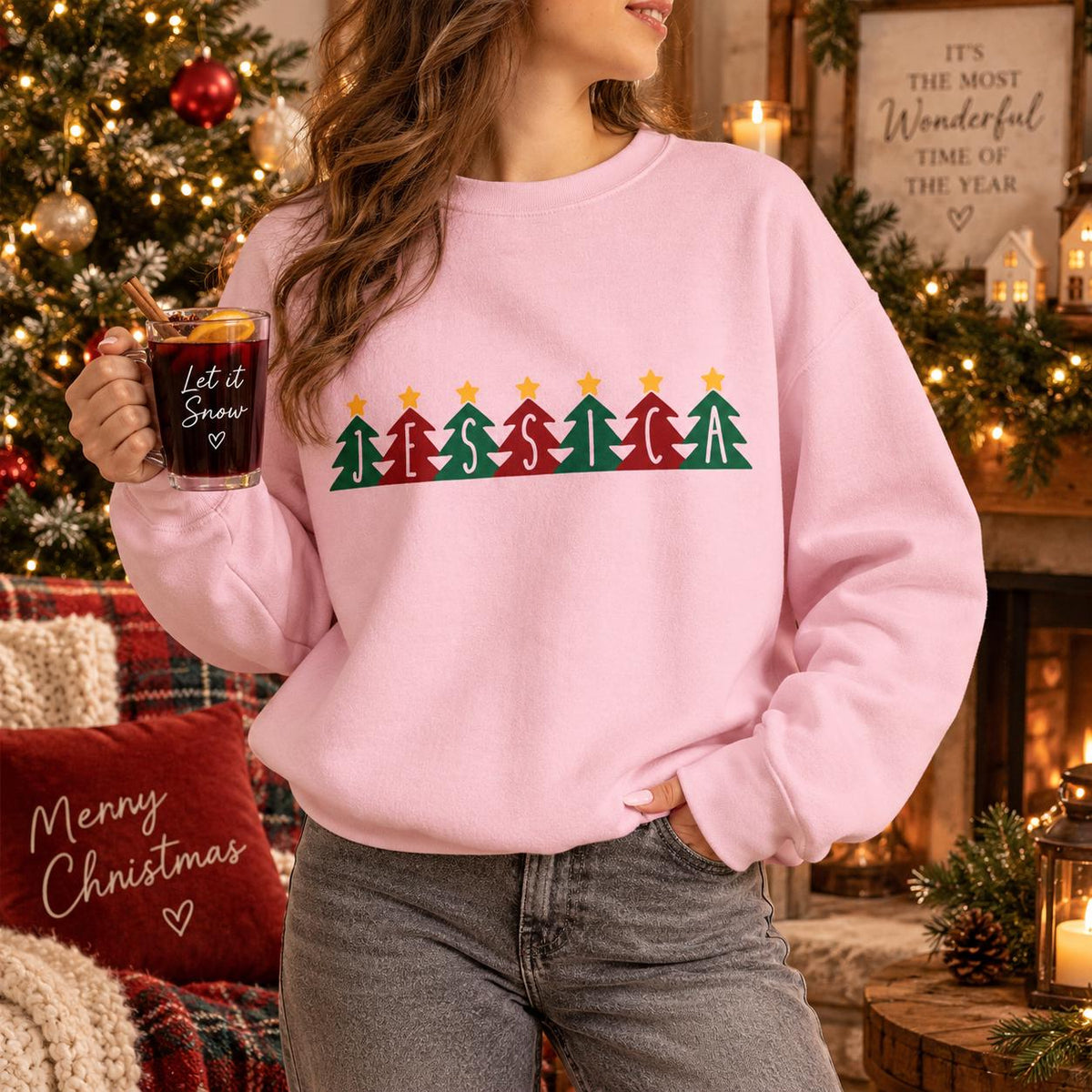 Personalisierter Weihnachtspullover mit Name | Tannenbaum Schriftzug | Familien Partnerlook Geschenk Mama Papa Kinder Advent Fotoshooting