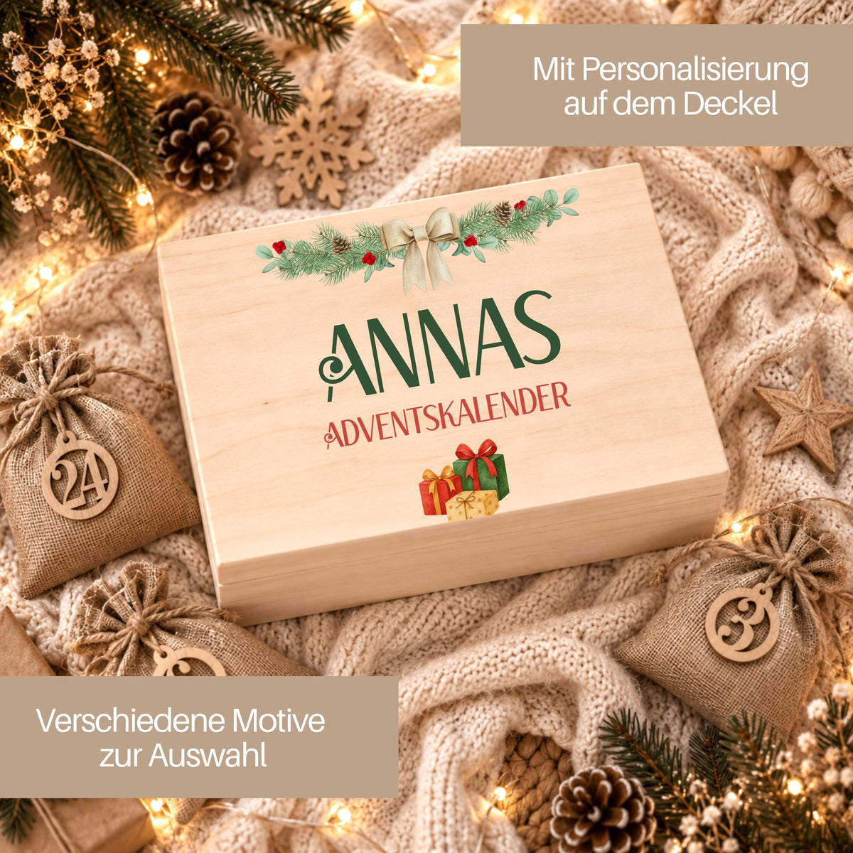 Adventskalender zum Befüllen | Holzkiste Kinder personalisiert | Weihnachten Adventsdeko Holzkiste Box Jungen Mädchen Jutesäckchen Rentier