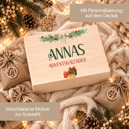 Adventskalender zum Befüllen | Holzkiste Kinder personalisiert | Weihnachten Adventsdeko Holzkiste Box Jungen Mädchen Jutesäckchen Rentier