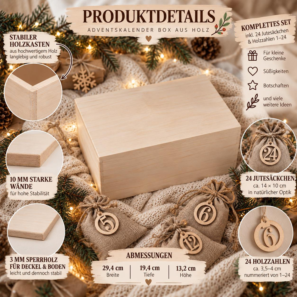 Personalisierter Adventskalender mit Namen für Familien | Holzbox zum Befüllen 24 Säckchen mit Holzzahlen, Geschenk Wunschtext Kinder Eltern