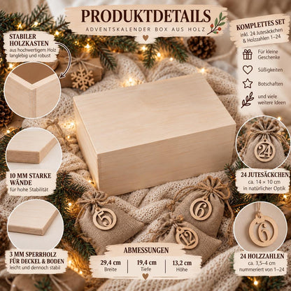 Adventskalender für Paare mit Foto personalisiert | Holzbox zum Befüllen mit 24 Jutesäckchen Holzzahlen, Geschenk für Partner mit Wunschtext